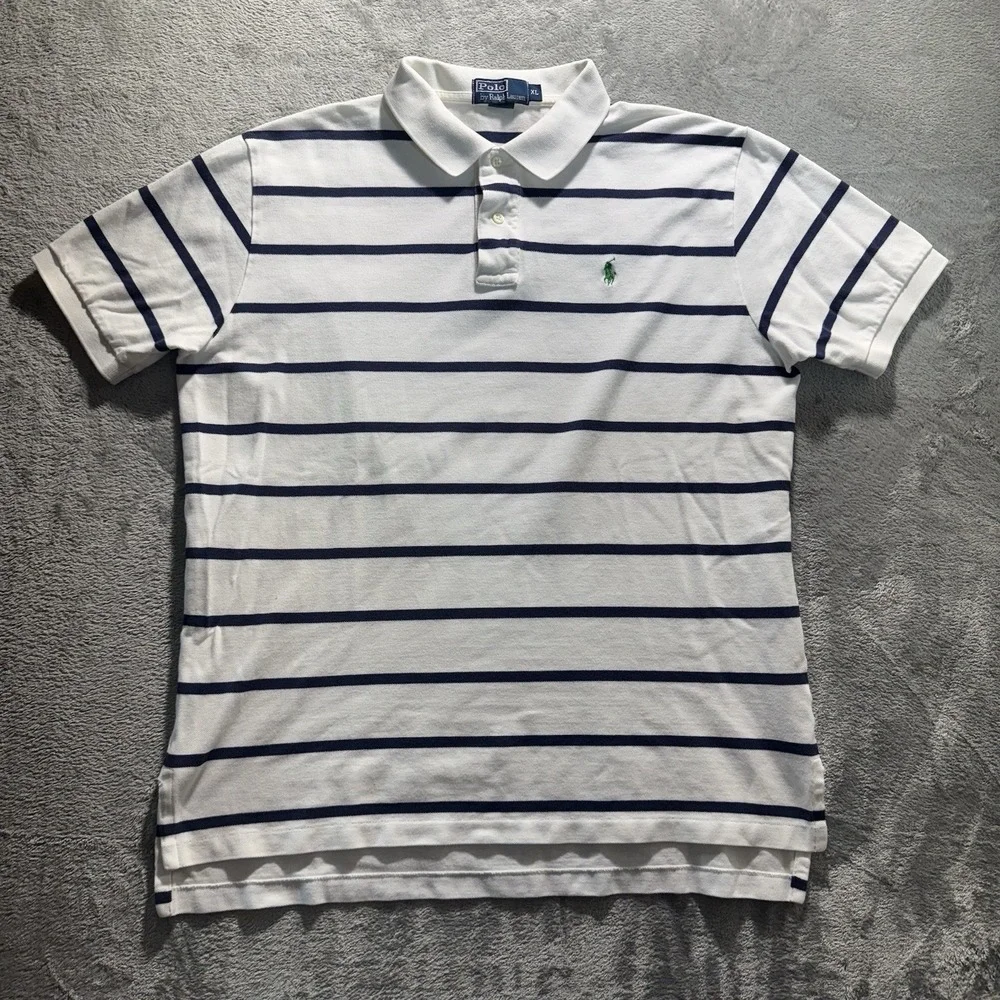 Polo Ralph Lauren Polo Shirt Mens XL White Blue‎ Striped Preppy Casual